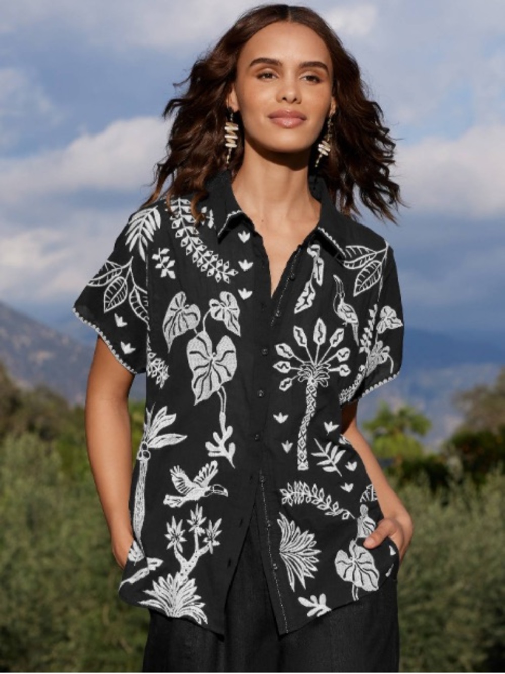 Johnny Was Embroidered Luciana Dolman Button Down Shirt Blouse Bohemian Boho